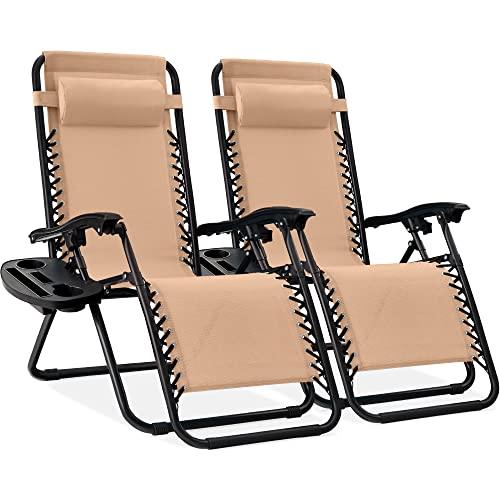 Best Choice Products Set of 2 Adjustable Steel Mesh Zero Gravity Lounge Chair Recliners w/Pillows and Cup Holder Trays, Beige - CookCave