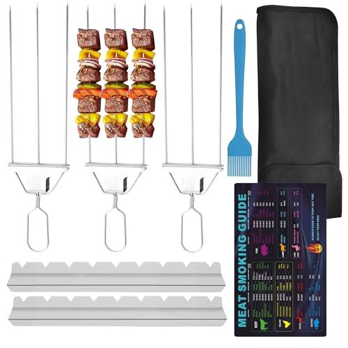 Leqsdijk BBQ Accessories Grilling Tools, 3 Three-Headed Stainless Steel BBQ Skewers Meat Forks + Large Stainless Steel Elevated Holder + Silicone Basting Brush + Meat Smoking Guide, Barbecue Enthusias - CookCave