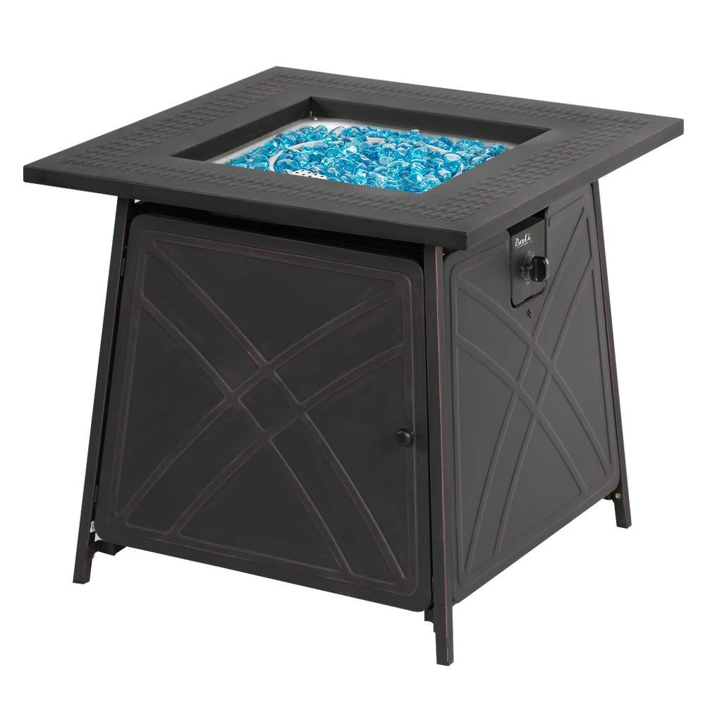 BALI OUTDOORS Gas FirePit Table, 28 inch 50,000 BTU Square Outdoor Propane Fire Pit Table with Lid and Blue Fire Glass - CookCave