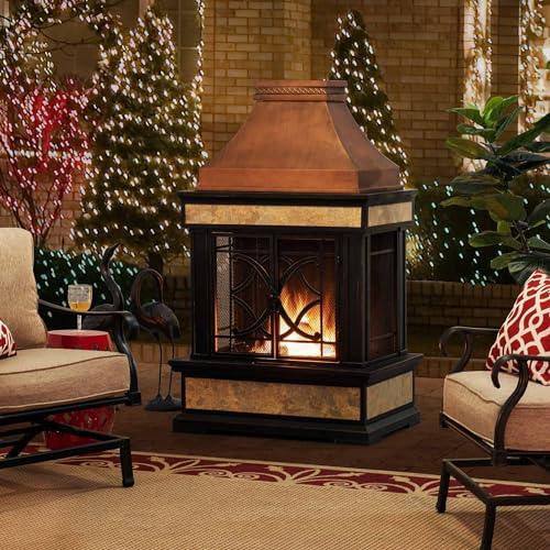 Sunjoy Outdoor Fireplace, Smith Collection Patio Wood Burning Steel Fireplace with Chimney, Spark Screen, Fire Poker, and Removable Grate, Copper with Yellow Tile - CookCave