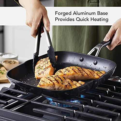 KitchenAid Hard Anodized Nonstick Square Grill Pan/Griddle with Pour Spouts, 11.25 Inch, Onyx Black - CookCave