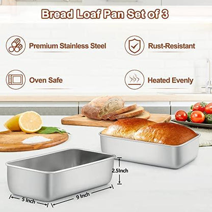 LIANYU 3 Pack Loaf Pans for Baking Bread, 9x5 Inch Bread Pan, Bread Loaf Pan for Baking, Stainless Steel Meatloaf Baking Pan, Loaf Tin Pan for Homemade Banana Bread, Dishwasher Safe - CookCave