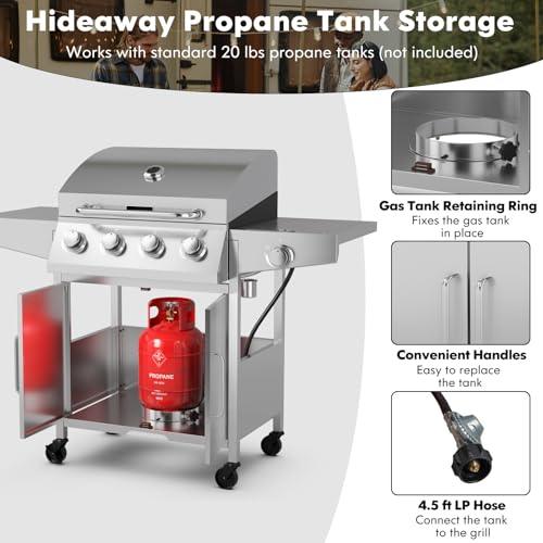 Giantex Propane Gas Grill 50,000 BTU, 4 Main Burners, 1 Side Burner, 2 Prep Tables, Stainless Steel Heavy-Duty BBQ Grill with 4 Wheels for Backyard Party Outdoor Cooking - CookCave