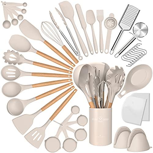 Silicone Cooking Utensils Set, 43Pcs Non-Stick Heat Resistant Kitchen Utensils Spatula Set with Wooden Handle for Baking, Cooking, and Mixing, Best Kitchen Gadgets Tools with Holder (Khaki) - CookCave