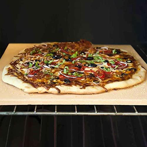 Pizza Stone for Oven and Grill, Rectangle Baking Stone 15 x 12 Inch with Free Pizza Cutter & Detachable Serving Rack, Safe Ceramic Cooking Stone for Crisp Crust Pizza Bread Cookie and More - CookCave