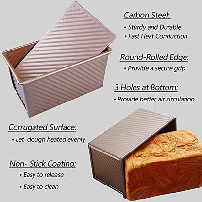 Spmarkt Bread Pans, Pullman Loaf Pan with Lid, Non-Stick Long Loaf Pans for Baking Homemade Bread, 9x4inch, Deep Square Tin with Cover, Toast Mold with Dough Scraper Cutter for Sandwich - CookCave