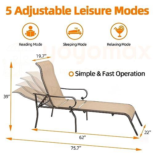 yoyomax Chaise Lounge Outdoor w/Adjustable Back in 5 Reclining Levels, Sturdy Metal Frame, Sunbathing Chair for Beach, Yard, Balcony, Poolside, Beige - CookCave