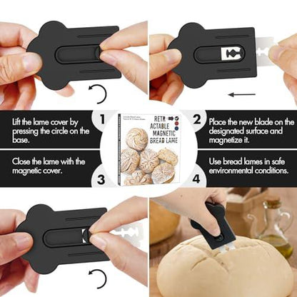 MEKER Bread Lame, Extractable Magnetic Dough Scoring Tool for Sourdough Bread Baking & Making, Includes Scoring Patterns Booklet and 10 Razor Blades, Black - CookCave