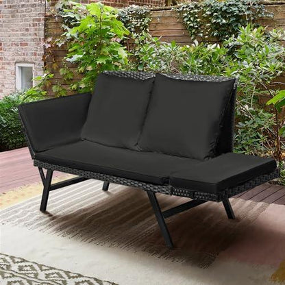 Greesum Outdoor Sofa, Woven Rattan Patio Furniture, Convertible Daybed or Double Chair with Adjustable Armrests, Cushions and Pillows for Yard, Porch, Pool, Black Lounger & Black Pillowcase - CookCave