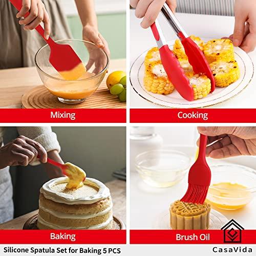 CasaVida Silicone Spatula Set 5pcs Red High Heat Resistant Non Stick Bakery Flexible BPA Free Dishwasher Safe Kitchen Utensils Bakeware Cookware Baking Mixing One-piece Seamless Spatula Set - CookCave