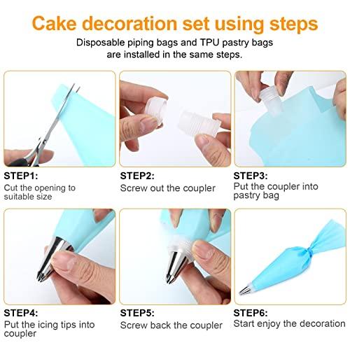 110Pcs Piping Bags and Tips Set, Cake Decorating Kit with 100 Disposable Pastry bags, 1 Reusable Silicone Piping Bag, 6 Stainless Steel Piping Tips, 1 Coupler, 2 Frosting Bags Ties - CookCave