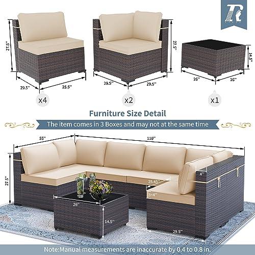 RTDTD Outdoor Patio Furniture Set, 7 Pieces Outdoor Furniture All Weather Patio Sectional Sofa PE Wicker Modular Conversation Sets with Coffee Table,6 Chairs & Seat Clips Brown - CookCave