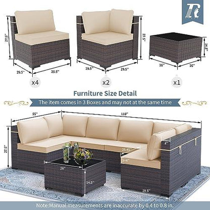 RTDTD Outdoor Patio Furniture Set, 7 Pieces Outdoor Furniture All Weather Patio Sectional Sofa PE Wicker Modular Conversation Sets with Coffee Table,6 Chairs & Seat Clips Brown - CookCave