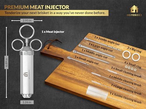 HOMESEED Meat Injector - Marinade injector for smoking and grilling - Incl. 4 injection needles & cleaning supplies - Made of stainless steel - Dishwasher-safe - CookCave