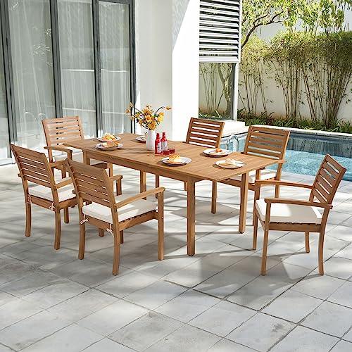 OC Orange-Casual 7 Piece Patio Dining Set, Outdoor Acacia Wood Furniture Set, Extendable Rectangular Table and 6 Stackable Chairs w/Removeable Fabric Cushion, FSC Certified, for Deck Garden Backyard - CookCave