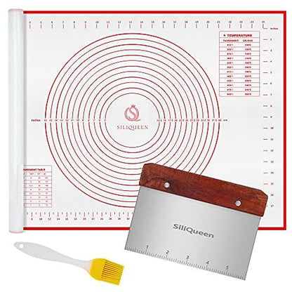 SiliQueen Silicone Pastry Baking Mat with Measurements Extra a Brush and a Dough Scraper- 27.5” x 20” Heat Resistant, BPA Free, Non-Stick Non-Slip Pastry Mat for Rolling Dough, Easy to Clean, Red - CookCave