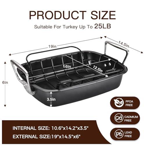 HONGBAKE Nonstick Turkey Roasting Pan with Rack, 17 x 13 Inch Large Chicken Roaster Pan for Oven, Suitable for 25lb Turkey, Heavy Duty, Dark Grey - CookCave