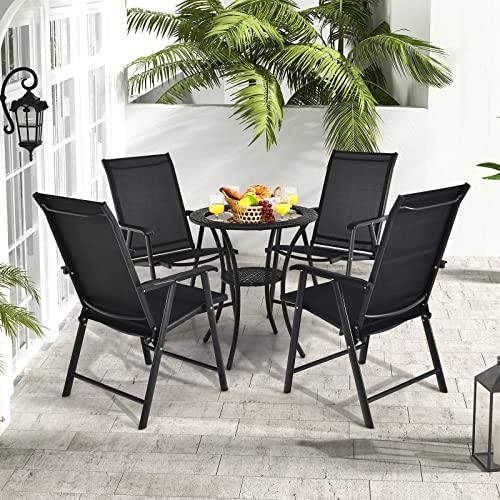 Tangkula Set of 2 Patio Folding Chairs, Fabric Dining Chairs with High Back & Armrests, Portable Camping Lounge Chairs with Sturdy Metal Frame, Outdoor Sling Chairs for Patio Lawn Garden (Black) - CookCave