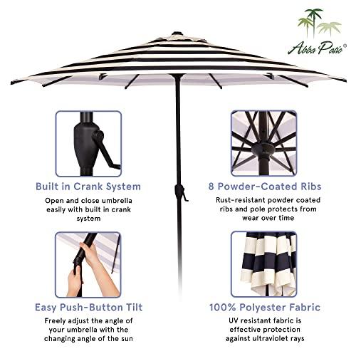 Abba Patio 9ft Patio Umbrella Market Outdoor Table Umbrella with Push Button Tilt and Crank, 8 Ribs, UV Protection, Black & White Stripe - CookCave