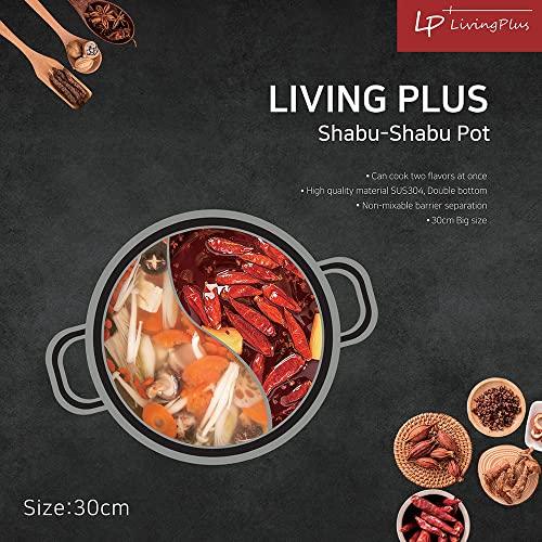 LP Living Plus Dual Sided Stainless Steel Shabu Shabu Hot Pot with Glass Lid, 30cm - CookCave