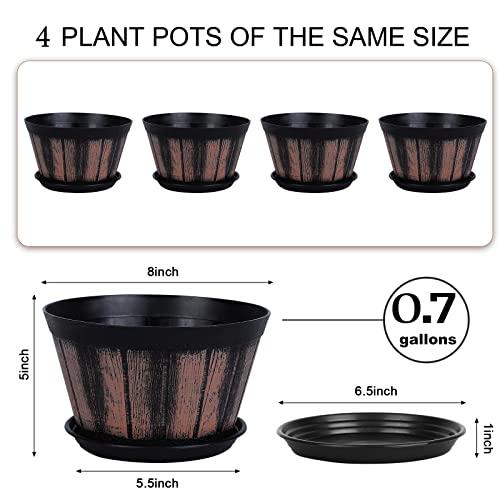 Quarut Plant Pots Set of 4 Pack 8 inch.Whiskey Barrel Planters with Drainage Holes & Saucer.Plastic Decor Flower Pots Imitation Wine Barrel Design,for Indoor & Outdoor Garden Home Plants (Brown) - CookCave