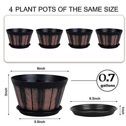 Quarut Plant Pots Set of 4 Pack 8 inch.Whiskey Barrel Planters with Drainage Holes & Saucer.Plastic Decor Flower Pots Imitation Wine Barrel Design,for Indoor & Outdoor Garden Home Plants (Brown) - CookCave