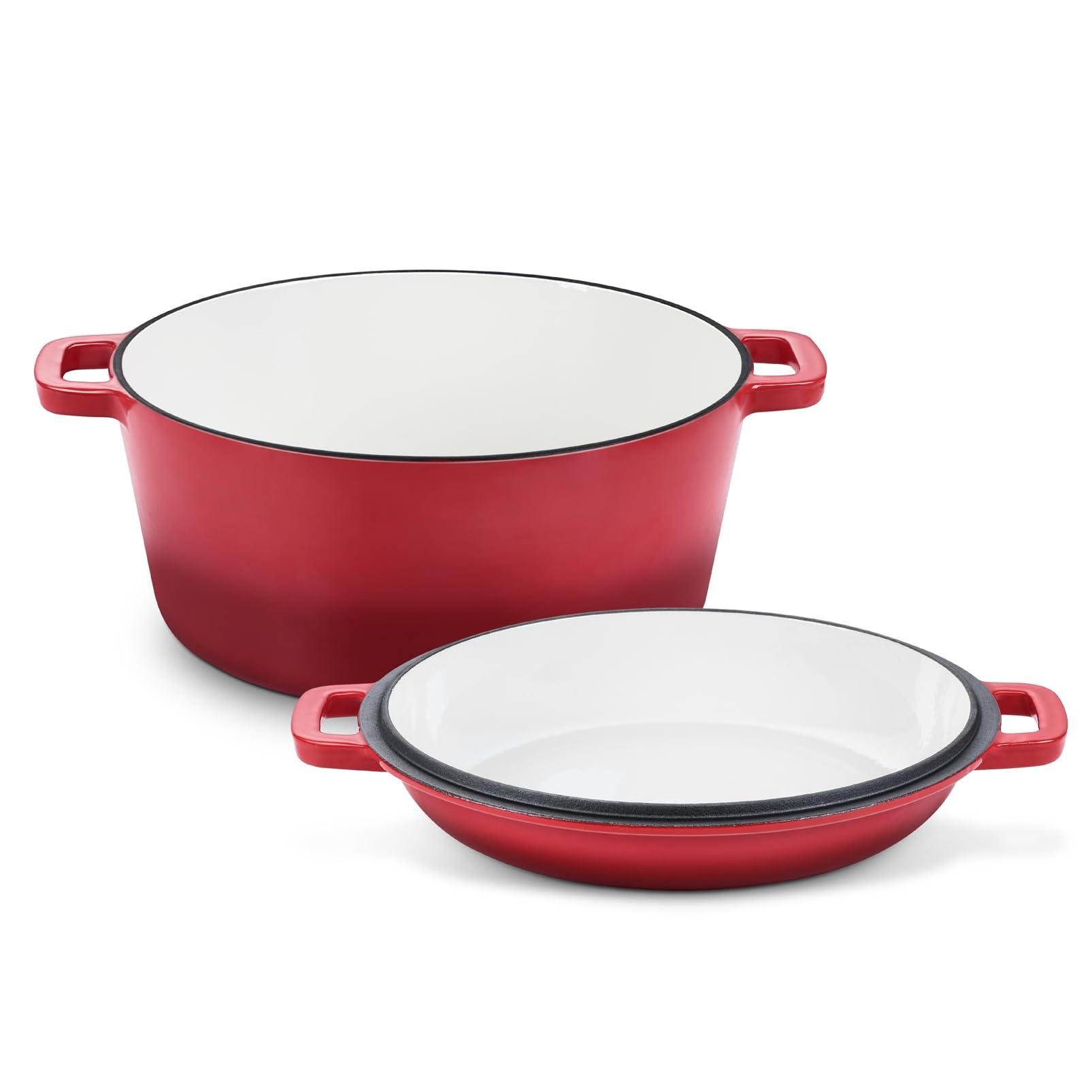 TeamFar 2-In-1 Enameled Cast Iron Dutch Oven, 5 Quart Dutch Oven Pot Cookware with Skillet Lid for Bread Baking Braising Stewing Roasting, Heavy-Duty & Nonstick, Oven Safe & Fit for Induction (Red) - CookCave