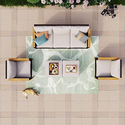 PHI VILLA 7-Piece Wicker Patio Conversation Set, Outdoor Rattan Sectional Furniture Patio Set for 7 Seats with Cushioned 2 x Single Sofa, 2 x Armrest Chair, 2 x Ottoman and 1 x Armless Sofa, Beige - CookCave