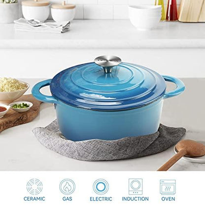 COOKWIN Enameled Cast Iron Dutch Oven with Self Basting Lid Non-stick Enamel Coated Dutch Oven Camping Suitable For Variety Stovetops Dutch Ovens Gifts for Family Blue 3QT - CookCave