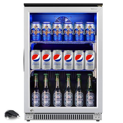 WEILI 120 Can Mini Fridge with Glass Door, 20 Inch Beverage Fridge with Lock & Blue LED Light, Auto Defrost, 36-50°F Freestanding or Under Counter Refrigerator and Cooler for Home, Office - CookCave