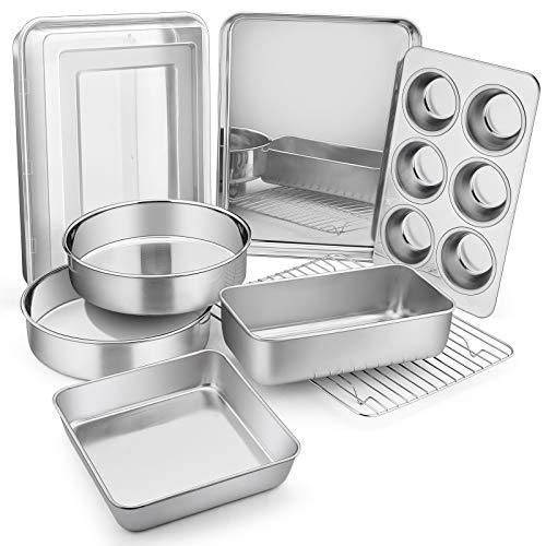 E-far Stainless Steel Bakeware Set, Metal Baking Pan Set of 9, Include Round/Square Cake Pans, Rectangle Baking Pan with Lid, Loaf Pan, Muffin Pan, Cookie Sheet with Rack, Dishwasher Safe - CookCave