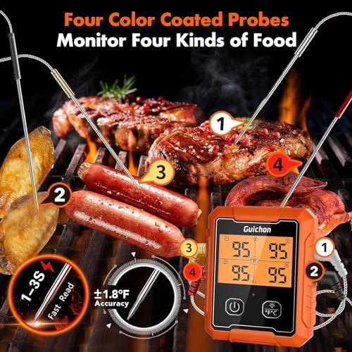 Wireless Meat Thermometer, Guichon Digital Meat Thermometer, 4 Probes Food Thermometer for BBQ, Grill, Oven, Smoker, Grill Thermometer with 500FT Remote Range - CookCave