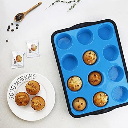 Aichoof Non-Stick Silicone Muffin Pan With Reinforced Stainless Steel Frame Inside,12 Cup Regular Muffin Baking Mold, 12 Cup Muffin Tin, BPA Free,Dishwasher Safe, Blue - CookCave