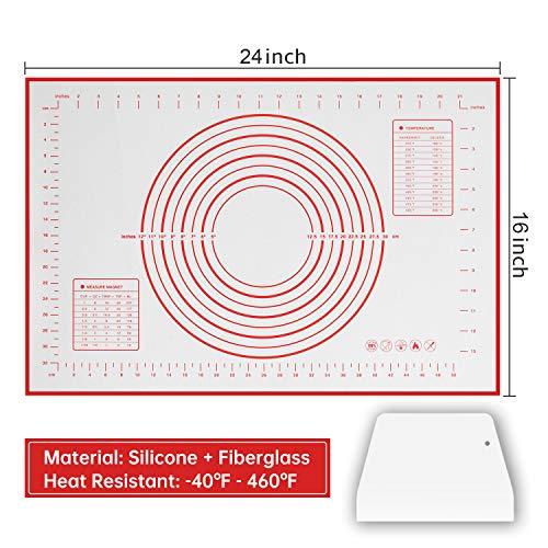 Silicone Baking Mat Non Slip Pastry Mat with Measurement Non Stick BPA Free Baking Mat Sheet for Rolling Dough Counter Cookies Pie, 24 x 16 Inches Red (with 1 Dough Scraper) - CookCave