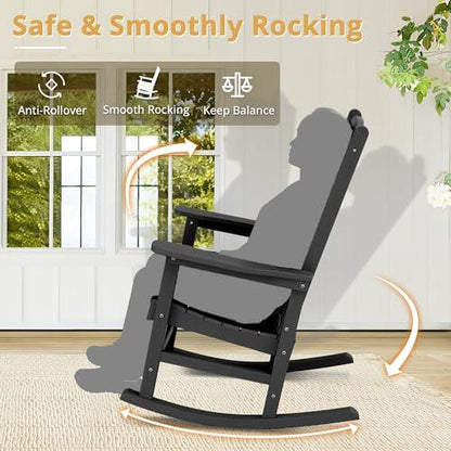 LUE BONA Outdoor Rocking Chair, HDPS Poly Rocking Chair, All Weather Resistant Plastic Outdoor Indoor Porch Rocker, Heavy Duty Rocking Chair for Patio, Lawn, Garden, 300LBS, Black - CookCave