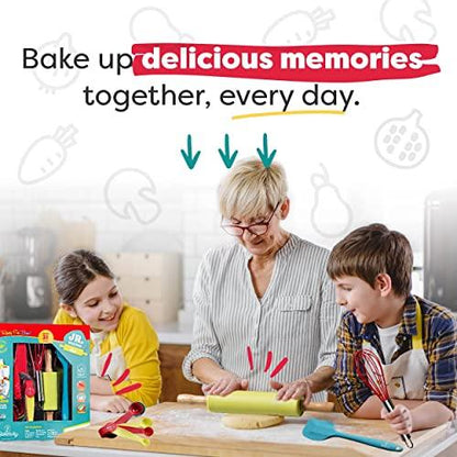 Baketivity 31 Pcs Kids Cooking & Baking Set with Kids Knife & Real Cooking Utensils - Kid Safe Knife & Cooking Tools - Kids Baking Set Gift for Girls & Boys Including Nylon Knife for Kids - CookCave