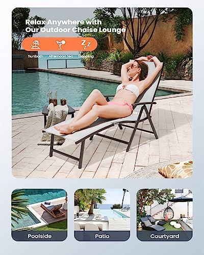 Pellebant Aluminum Patio Chaise Lounge Chair, Adjustable Chair for Outside with 8 Backrest Positions, Brown Frame, Folding Outdoor Recliners All Weather for Beach, Pool and Yard, Light Grey - CookCave