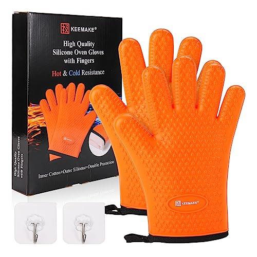 KEEMAKE Silicone Oven Mitts, Heat Resistant Gloves for Grilling Outside Silicone&Cotton Lining Double Protection Oven Gloves with Fingers, Waterproof, Heat & Cold Resistant BBQ Grilling Gloves-Orange - CookCave