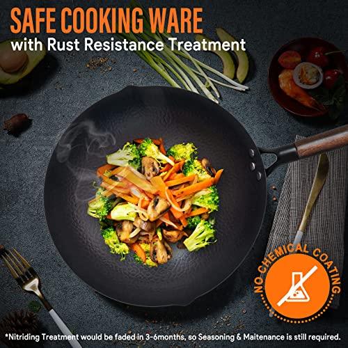 BrBrGo Carbon Steel Wok, 13 Inch Wok Pan with Lid and Cookwares, 5 Piece Woks & Stir-Fry Pans Set, No Chemical Coated Flat Bottom Chinese Woks for Induction, Electric, Gas, All Stoves - CookCave