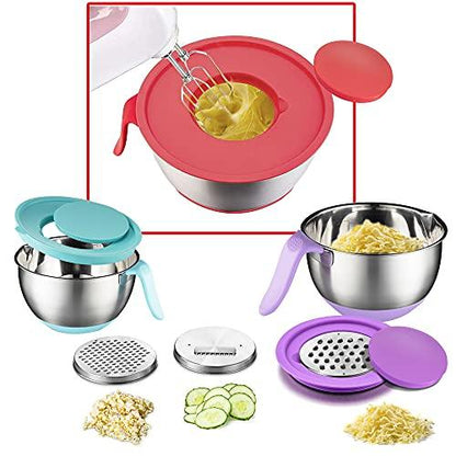 Stainless Steel Mixing Bowls with Lids - Long Handles, Pour Spout, Non Slip Colorful Silicone Bottom, 3 Graters, & Measurement Marks, Ideal for Cooking, Baking & Serving, Food & Salad Prep. (Set of 3) - CookCave