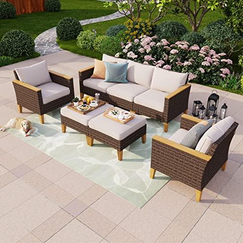 PHI VILLA 7-Piece Wicker Patio Conversation Set, Outdoor Rattan Sectional Furniture Patio Set for 7 Seats with Cushioned 2 x Single Sofa, 2 x Armrest Chair, 2 x Ottoman and 1 x Armless Sofa, Beige - CookCave