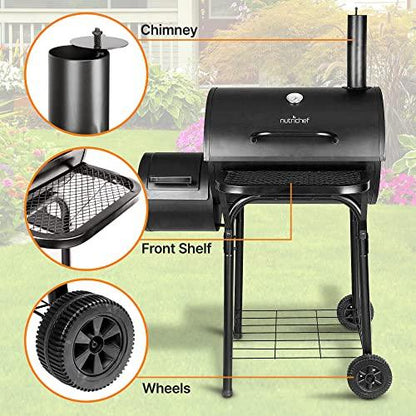 NutriChefKitchen Charcoal Grill Offset Smoker, Portable Stainless Steel Grill, Outdoor Camping BBQ and Barrel Smoker (Black) - CookCave