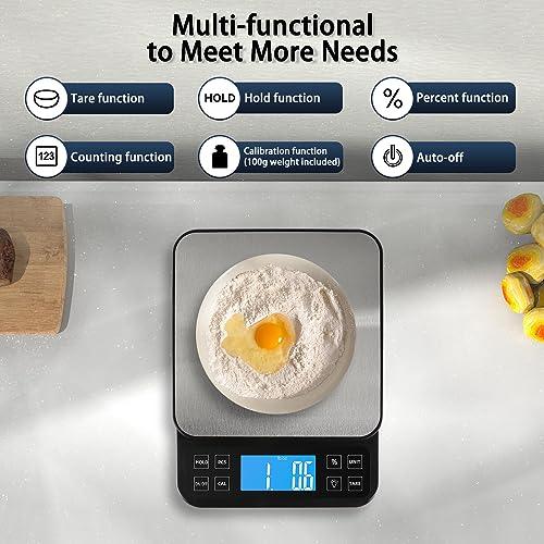 BOMATA Large Kitchen Scale with 0.1g/0.001oz High Precision, Bakery Scale with% Percentage Function, Capacity 5kg/11lbs, USB Rechargeable, Full-View Angle LCD with Backlight, Stainless Steel Pan - CookCave