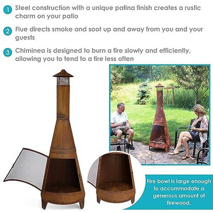 Sunnydaze 70-Inch Rustic Heavy-Duty Steel Chiminea with Rain Cap and Mesh Spark Screen - Rust Patina Finish - CookCave