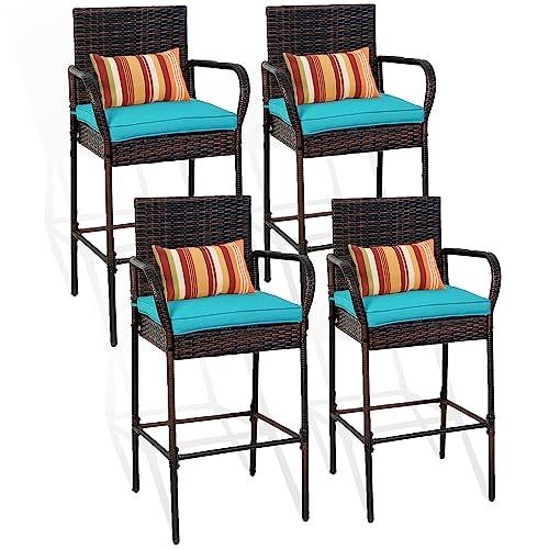 Sundale Outdoor Wicker Bar Stools Set of 4, 4 Piece Rattan Counter Chairs with Back Rest Pillow, Patio Pub Chair with Arms, Cushion Turquoise, All-Weather Outside Furniture - Steel, Brown - CookCave