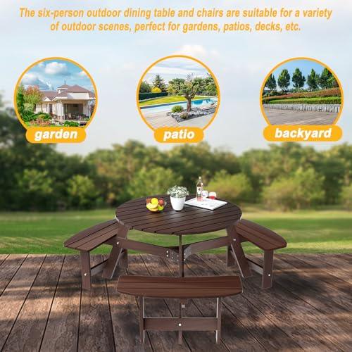 ROOMTEC 6 Person Wooden Picnic Benches, Outdoor Round Table with Umbrella Hold Design for Patio, Backyard, Garden, Adults and Kids, 1720lb Capacity, Brown - CookCave