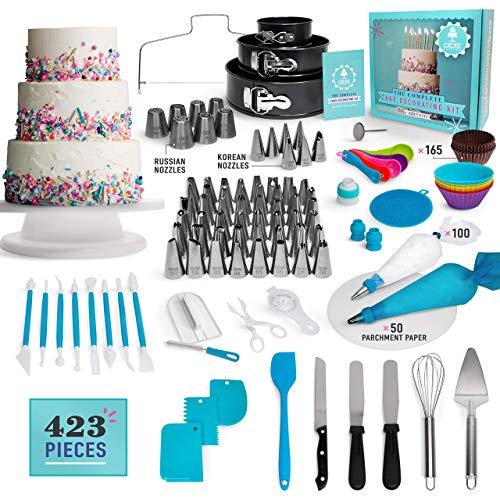 423-Piece Deluxe Cake Decorating Set - Unleash your pastry potential, premium Rotating Cake Turntable, extensive 48 Piping Tips, cutting-edge 7-Russian and 7-Korean Nozzles, 3 Springform Pans - CookCave