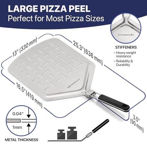 16" Pizza Making Kit by kitchenStar (Set of 2) - Pizza Cutter Rocker Knife with Blade Cover (16 inch) + Stainless Steel Pizza Peel with Folding Handle (13 inch) - Ultimate Pizza Oven Accessories - CookCave