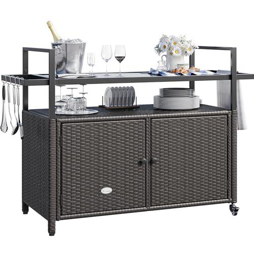 YITAHOME Large Portable Outdoor Wicker Bar Table with Storage Cabinet, Wheels and Black Glass Table Top for Patio Kitchen and Bar Cart (Dark Brown) - CookCave