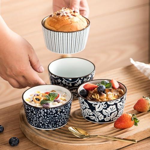 JOBNTZ Ceramic Ramekins for Creme Brulee, 6 oz Ramekins Versatile Custard Cups, Souffle Dishes, Pudding Cups, and Ice Cream Bowls Baking Ramiken Bowls in Set of 6 Oven-Safe, Blue and White Porcelain. - CookCave